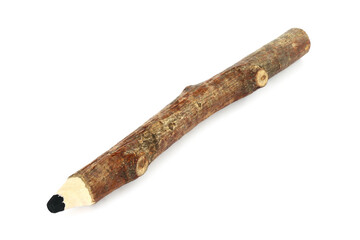 Wooden Log Pencil made of branch - handmade art supply, handmade art craft object, on white background.