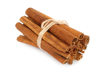 Bunch of cinnamon sticks on white background