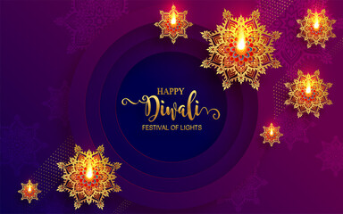 Diwali, Deepavali or Dipavali the festival of lights india with gold diya patterned and crystals on paper color Background.
