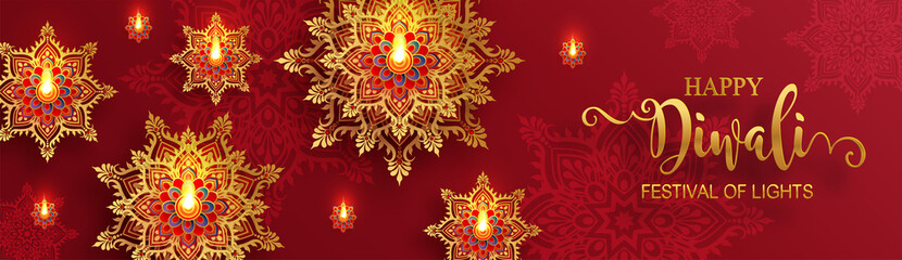 Diwali, Deepavali or Dipavali the festival of lights india with gold diya patterned and crystals on paper color Background.
