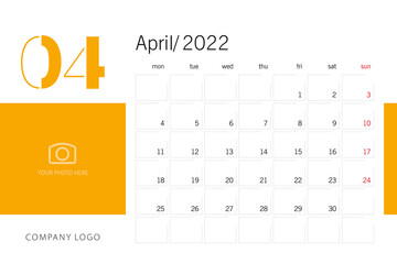 New Year 2022 Desk Calendar Planner 4th month April modern black light typography line design template white orange background