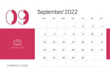 New Year 2022 Desk Calendar Planner 9th month September modern black light typography line design template white maroon red background