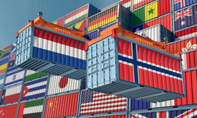 Freight containers with Norway and Netherlands national flags. 3D Rendering 