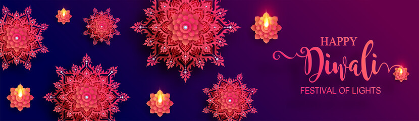 Fototapeta na wymiar Diwali, Deepavali or Dipavali the festival of lights india with gold diya patterned and crystals on paper color Background. 