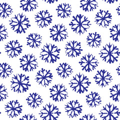 Beautiful blue ink snowflakes isolated on white background. Cute monochrome Christmas seamless pattern. Vector simple flat graphic hand drawn illustration. Texture.