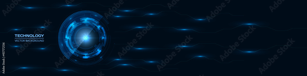 Poster Abstract technology HUD GUI UI with glowing blue circuit lines pattern. Dark Innovation digital hi tech concept background with circuit board. Engineering electronic motherboard. Dark blue wide banner