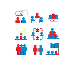 Obraz na płótnie Canvas Set of meeting icons, such as seminar, classroom, team, conference, work, classroom. Pixel art. Old school computer graphic style. Game assets. 8-bit.