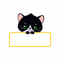 Cute black kawaii cat holding blank card isolated on white background. Cartoon flat style. Vector illustration