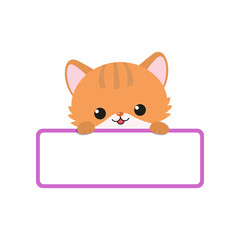 Cute ginger kawaii cat holding blank card isolated on white background. Cartoon flat style. Vector illustration