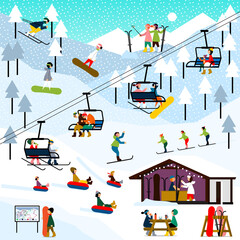 Ski-resort. Winter people family set. Vector flat illustration - 457172774