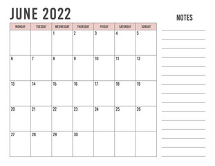 Calendar June 2022 with simple landscape design