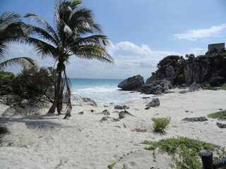 Beach with rocks and palm trees at the archaeological zone at Tulum, Mexico. Blue sky, sand and turquoise sea.
