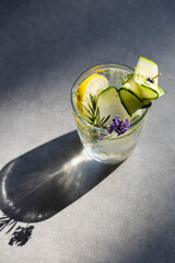 Gin and tonic with cucumber, juniper berries and rosemary