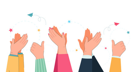 Arms and hands of people clapping and showing thumbs up. Applause, men and women celebrating win flat vector illustration. Appreciation, respect, celebration concept for banner or landing page
