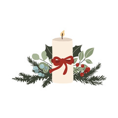 Christmas candle with spruce branches and berries. Winter holiday new year season card. Vector illustration in hand drawn cartoon flat style