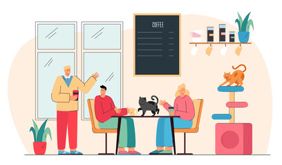 Cute cartoon couple drinking coffee in cat cafe. Guy greeting happy young man and woman watching pets flat vector illustration. Cat cafe, animals concept for banner, website design or landing web page