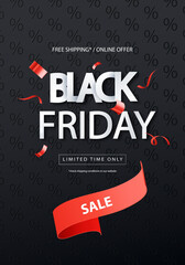 Black Friday Sale vector banner with red ribbon. Vector illustration.