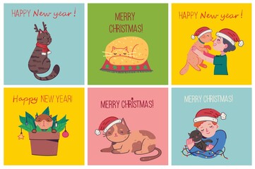 Christmas cats, Merry Christmas illustrations of boy and girl hugging cats, young person with pet portrait in flat cartoon style.