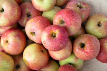 Many ripe juicy red apples covered with water drops