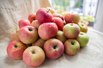 Many ripe juicy red apples covered with water drops