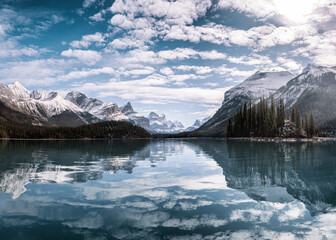 Canadian Rockies reflection on Maligne lake in Jasper national park, AB, Canada