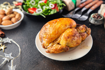 christmas chicken or turkey new year table treat family dinner chicken coquelet fresh portion ready to eat meal snack on the table copy space food background rustic. top view