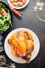 christmas chicken or turkey new year table treat family dinner chicken coquelet fresh portion ready to eat meal snack on the table copy space food background rustic. top view