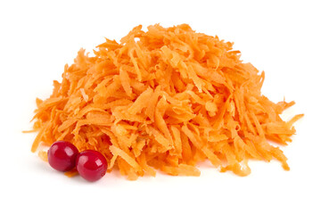 Grated carrot, isolated on white background.