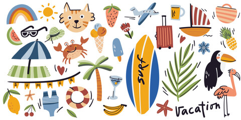 Summer season flat illustrations set. Isolated on white. Surf, toucan, flamingo, crab, airplane, beach, palm, fruit, cat. Tropic and exotic doodle cute collection.