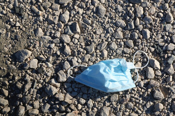 Disposable face mask thrown on the ground. Top view.