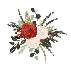 Christmas winter floral bouquet with red and white roses, spruce branches and green leaves. Vector illustration in hand drawn cartoon flat style