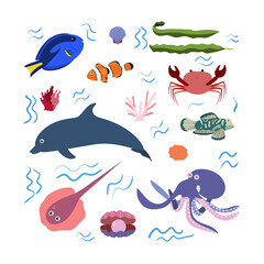 Design template with sea animal in square for kid print. Rectangle composition of marine animals, dolphin, octopus and crab, seaweed and fish. Vector set of underwater life in cartoon style.