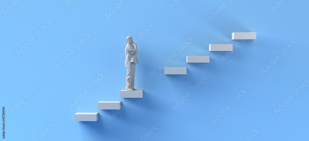 Wall mural concept of overcoming difficulties. man climbing missing steps. copy space. 3d illustration.