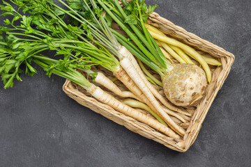 Fototapeta na wymiar Parsley with leaves and roots, celery tuber with leaves in wicker basket