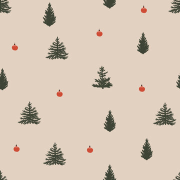 Christmas new year winter holiday seamless pattern with xmas tree and balls. Vector illustration in hand drawn cartoon flat style