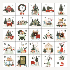 Christmas Advent calendar with hand drawn elements houses, cars, food, Christmas tree. Printable advent calendar winter holiday posters, cards, tags. Vector illustration in cartoon flat style - 457182143