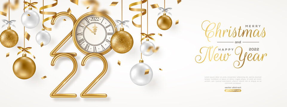 Merry Christmas and Happy New Year banner with hanging gold and white 3d baubles, confetti and 2022 numbers. Vector illustration. Winter holiday decorations, golden vintage clock. Place for text