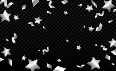 Falling shiny silver confetti, stars and serpentine isolated on transparent background. Bright festive overlay effect with gray tinsels falling down. Vector illustration.