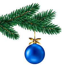 Fir tree branch with blue ball hanging, isolated on white background. Vector illustration. Merry Christmas and Happy New Year 2022 corner border frame for card, banner, flyer, party poster