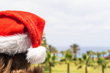 Christmas sea holiday. Woman in santa hat relaxing on paradise beach island with palm trees. New year.