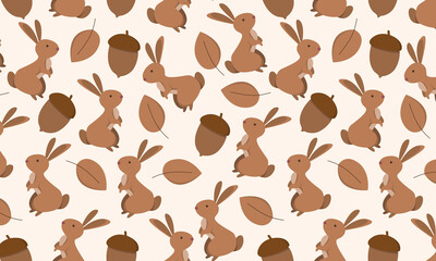 seamless pattern with hare and acorn, autumn print, leaves fall, acorns, rabbit.