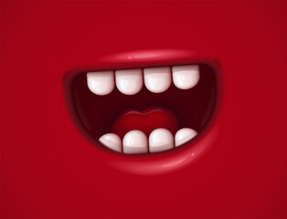 Open mouth with teeth and tongue. Cartoon character. Facial emotion with red lips. Red background. Vector illustration.