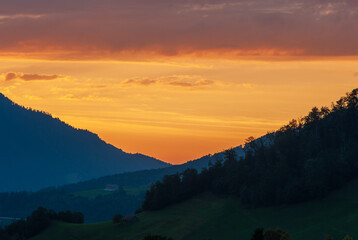 Beautiful landscape of Schwyz after sunset in the beginning of blue hour