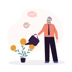 Grandfather watering money tree. Old guy investing and saving cash. Elderly man invest or hoard currency. Concept of investment, finance management