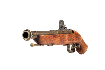 Mock-up of an antique pistol with bronze inlay isolated on a white background.