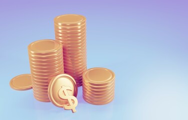 Coin stacks,  business investment profit, money saving concept. 3d render illustration.