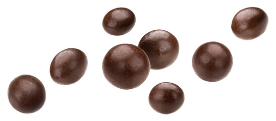 Falling chocolate balls isolated on white background