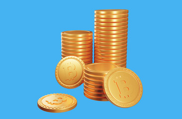 Stacks of bitcoins cryptocurrency. 3d render illustration