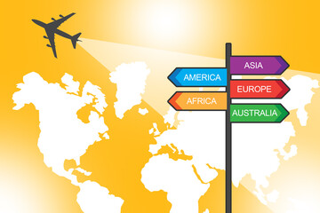 Air connections between countries. Concept of air travel because of business. Airplane silhouette on background of world map. Airplane as a symbol of tourism industry. Business in tourism industry