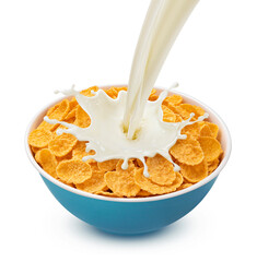 Naklejka na ściany i meble Corn flakes with pouring milk isolated on white background